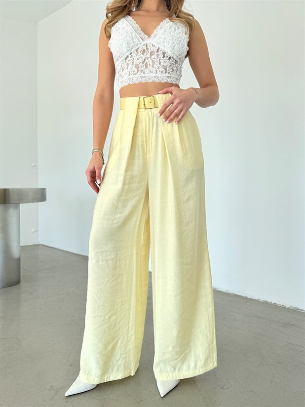 Geniş Kemerli Modal Pantolon - Sarı