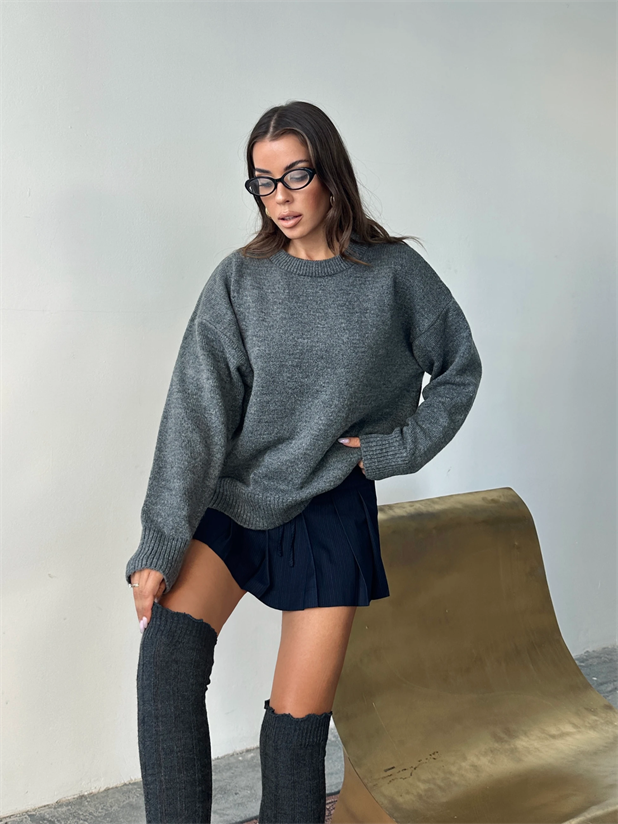 Yıkamalı Şardonlu Triko Kazak - Füme