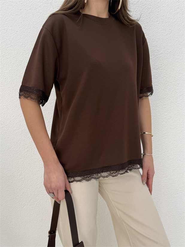 Dantel Detay Basic Tshirt - Kahve