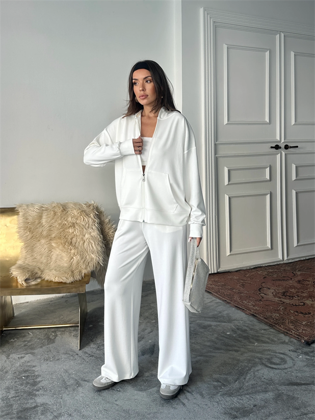 Modal Fermuarlı Sweat-Palazzo Takım - Ekru