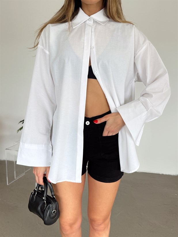 Gizli Pat Düğmeli Gömlek - Beyaz