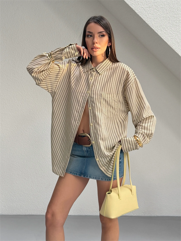 Çizgili Oversize Gömlek - Sarı