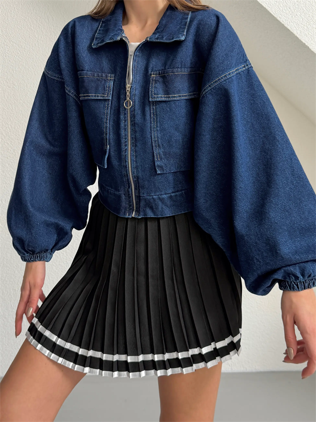 Kapak Cepli Balon Kol Denim Ceket - Lacivert