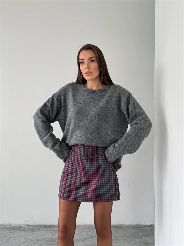 Bel Bağlama Ekose Mini Etek - Bordo