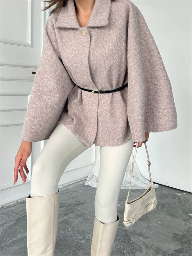 Kırçıllı Kaşe Panço  - Pudra Pembe