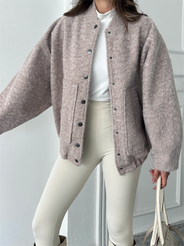 Kırçıllı Kaşe Mont - Pudra Pembe