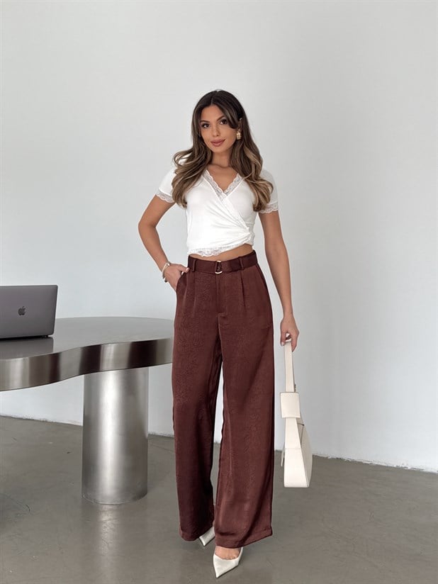 Kemerli Saten Pantolon - Kiremit