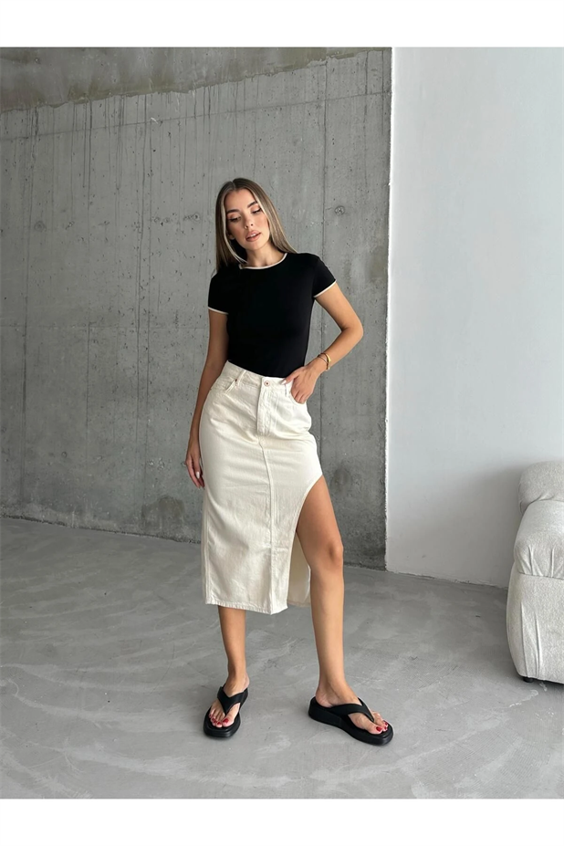 Asimetrik Kesim Trend Kot Etek Bej - Bej