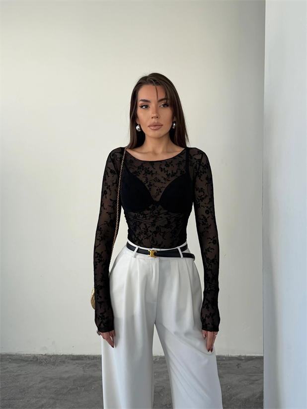 Flok Baskılı Basic Bluz - Siyah