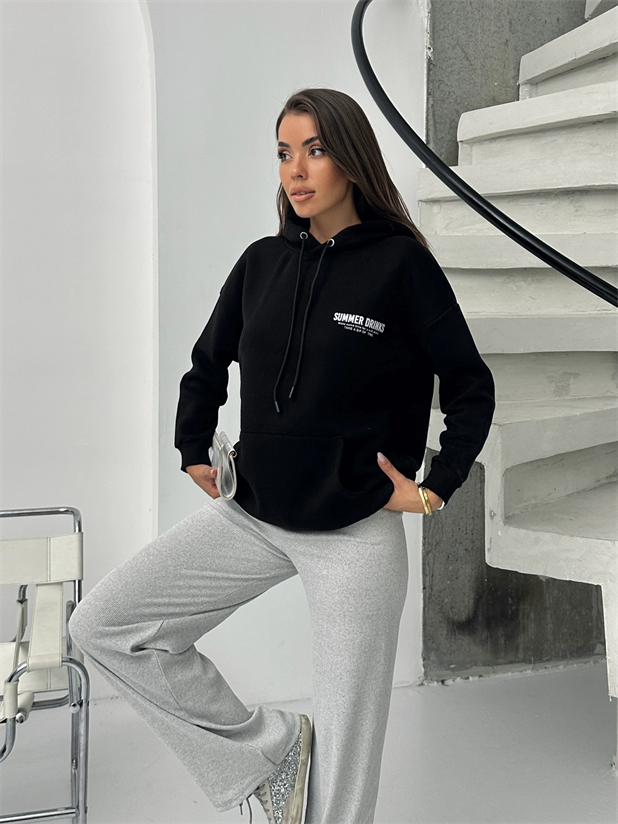 Baskılı Kapüşonlu Oversize Sweat - Siyah