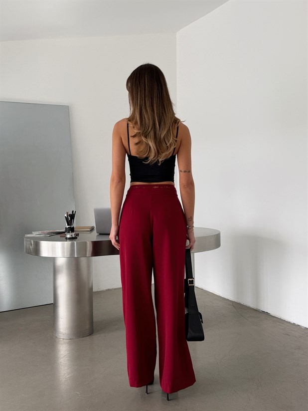 Kemeri Dantel Detaylı Palazzo Pantolon  - Bordo