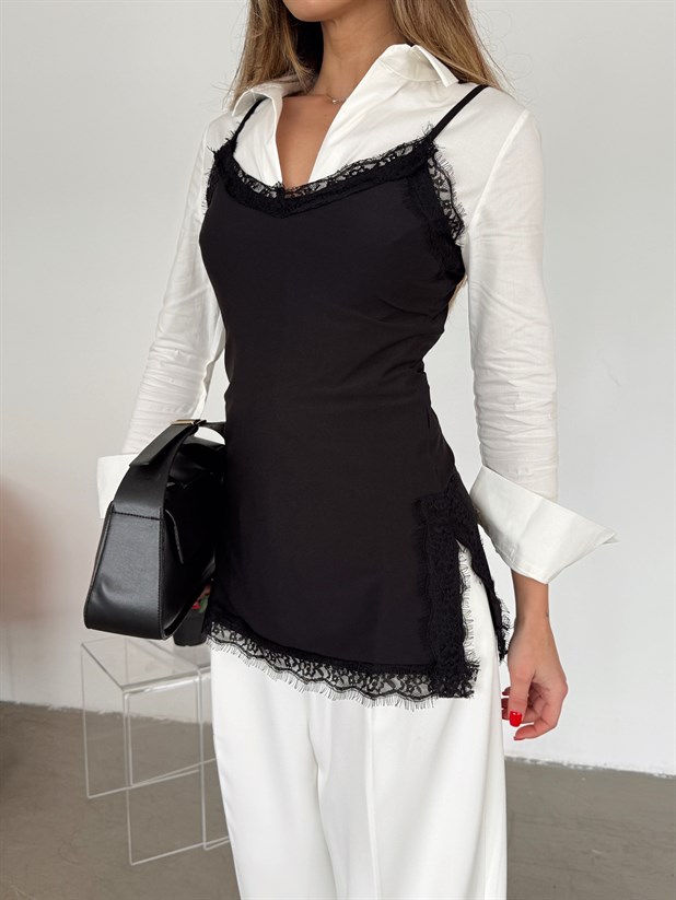 Yırtmaç Ve Dantel Detaylı Askılı Bluz - Siyah