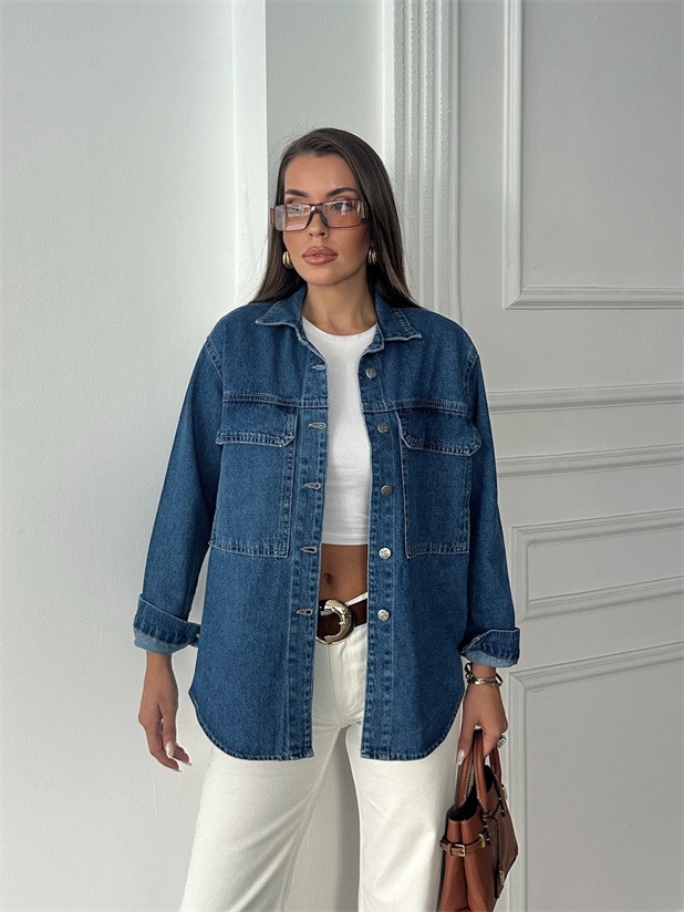 Kapak Cep Denim Gömlek - Mavi