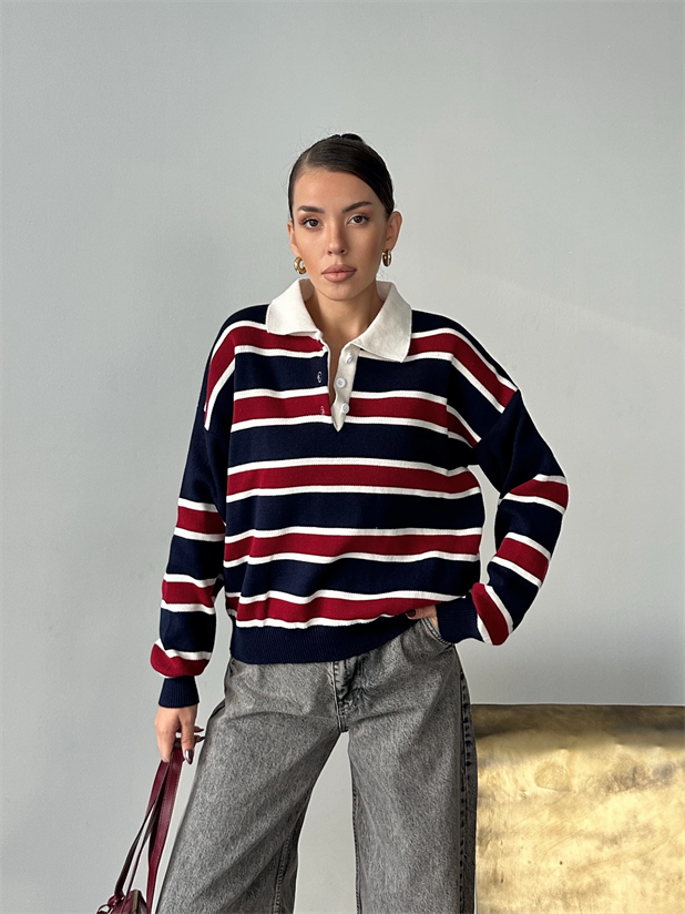 Polo Yaka Çizgili Triko - lacivert-bordo