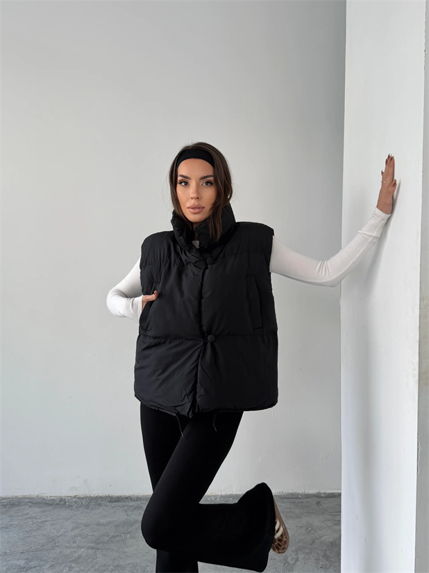 Düğmeli Yan Cep Detay Şişme Yelek - Siyah