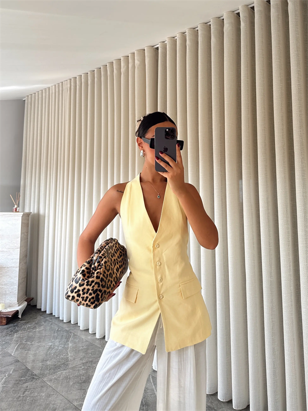 Sırt Dekolte Keten Yelek - Sarı