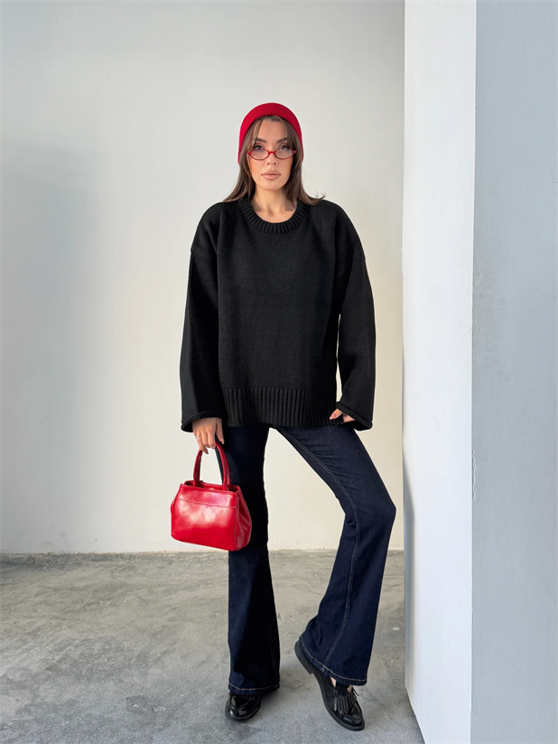 Yırtmaçlı Basic Triko  - Siyah