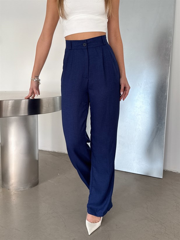 Arka Beli Lastikli Keten Pantolon - Lacivert