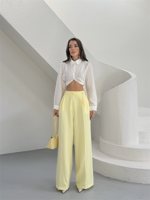 Çift Pileli Palazzo Pantolon - Sarı