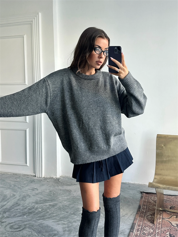 Yıkamalı Şardonlu Triko Kazak - Füme