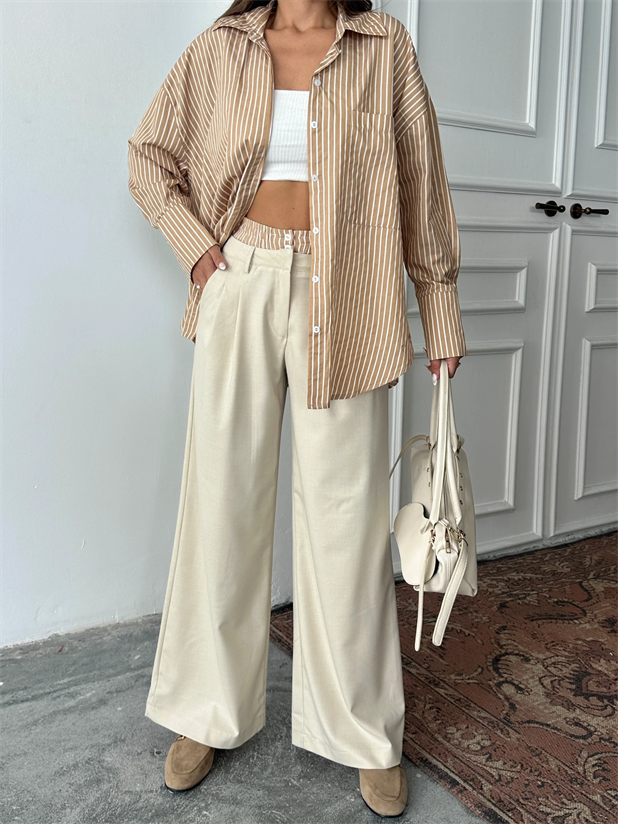 Bel Çizgi Detay Gömlekli Takım - Vizon