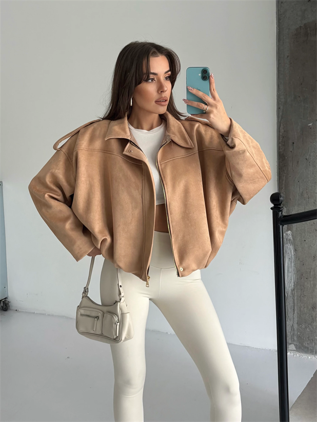 Bomber Süet Ceket - Vizon