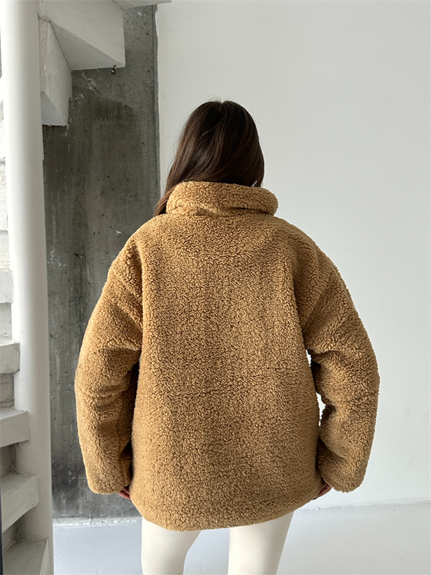 İç Astarlı Oversize Peluş Mont  - Vizon