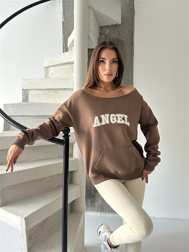 Angel Nakışlı Kayık Yaka Sweat - Kahve