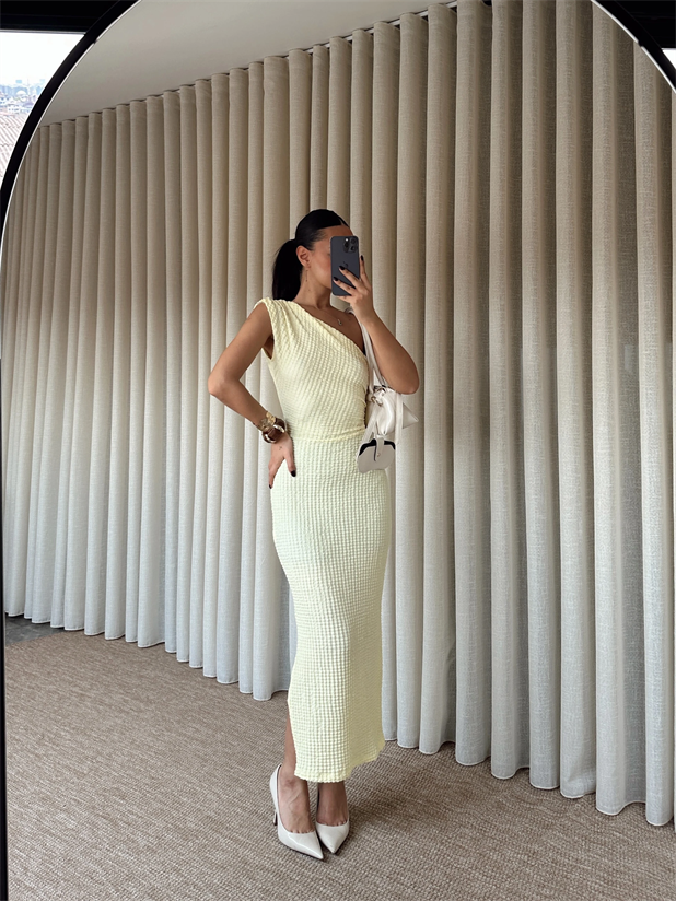 Tek Omuz Gofre Elbise - Sarı