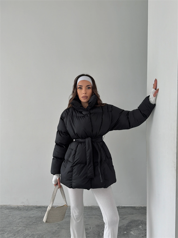 Kuşaklı Şişme Mont  - Siyah