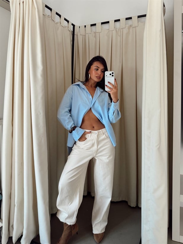 Paça Çift Pensli Boyfriend Jean - Krem