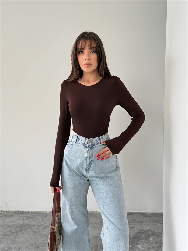 Bisiklet Yaka Bodysuit - Kahve