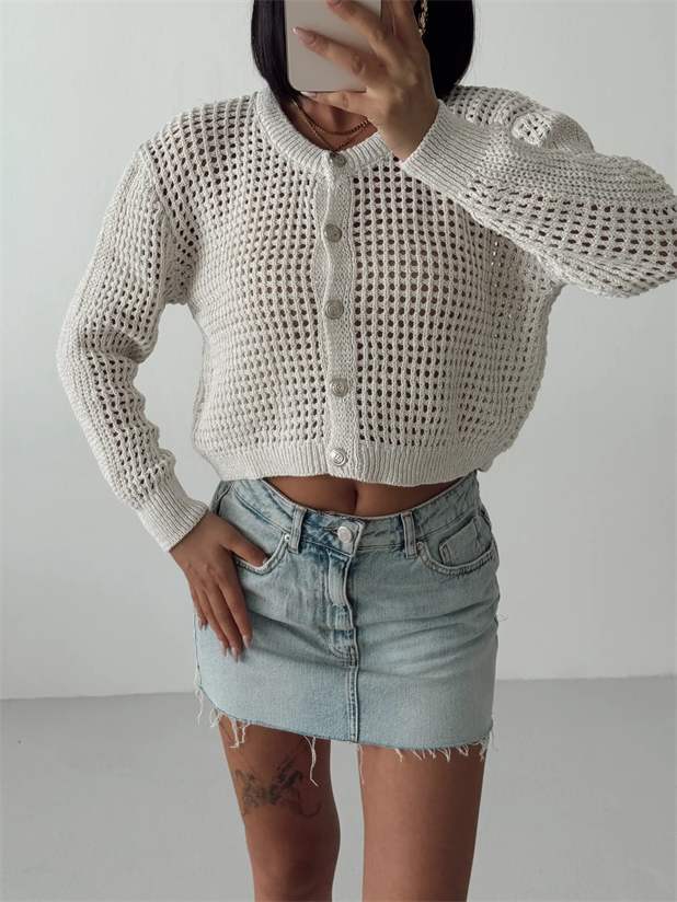 Simli Crop Hırka  - Krem