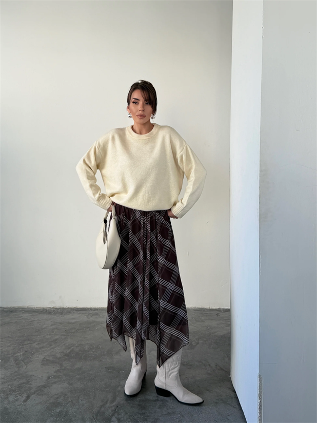 Beli Lastikli Asimetrik Şifon Etek - Geometrik