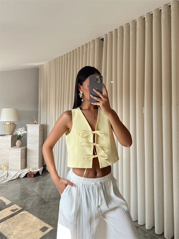 Keten Bağcıklı Yelek  - Sarı