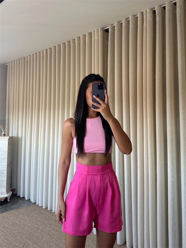 Cırtlı Keten Şort - Fuşya