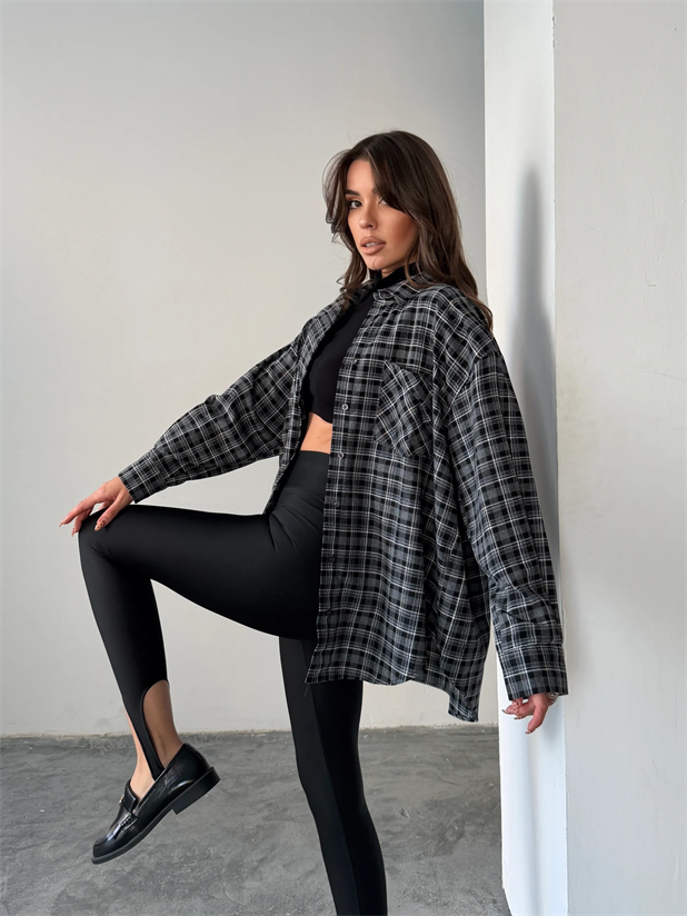 Kareli Oversize Gömlek - Siyah