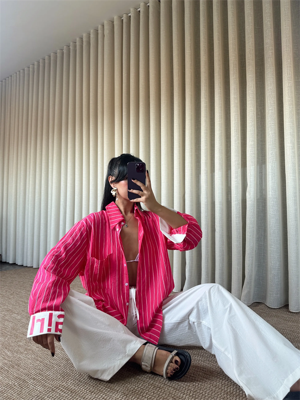 Çizgili Gömlekli Takım - Pembe