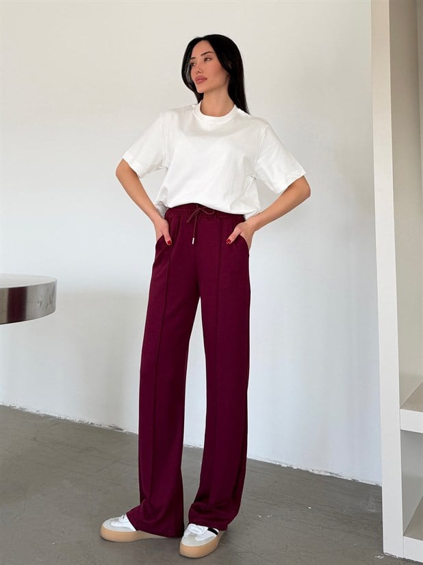 Çımalı Bol Paça Eşofman - Bordo