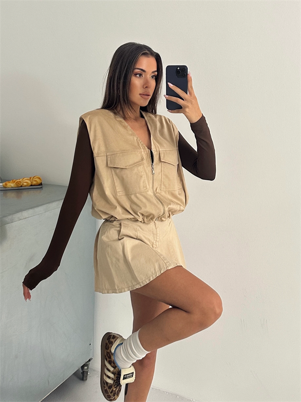 Cep Detay Nubuk Yelek - Taş