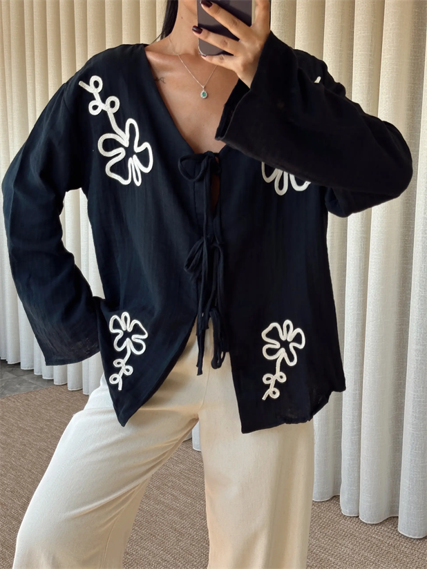Nakışlı Kimono Takım  - Siyah
