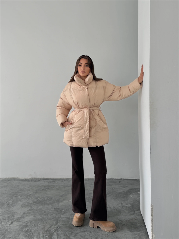 Kuşaklı Şişme Mont  - Bej