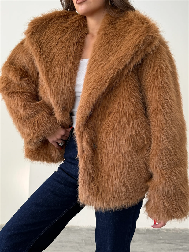 Çıtçıtlı Suni Kürk Ceket - Taba