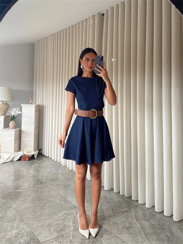 Kloş Likralı Denim Elbise  - Lacivert