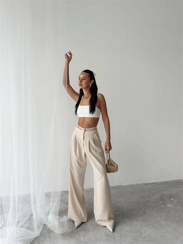 Kemeri Dantel Detaylı Palazzo Pantolon  - Taş