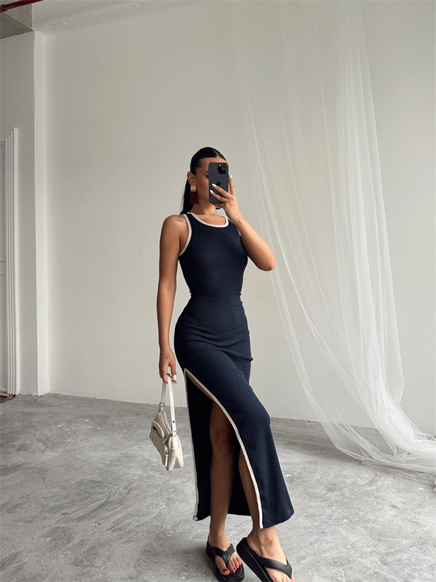 Biyeli Yan Yırtmaç Maxi Elbise - Lacivert