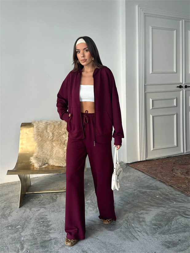 Modal Fermuarlı Sweat-Palazzo Takım - Bordo