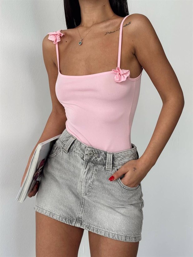 Gül Detaylı Bodysuit - Pembe
