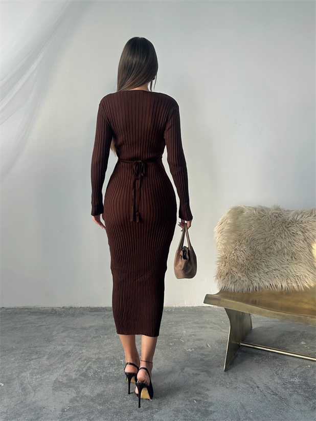 Bel Bağlama Triko Elbise - Kahve