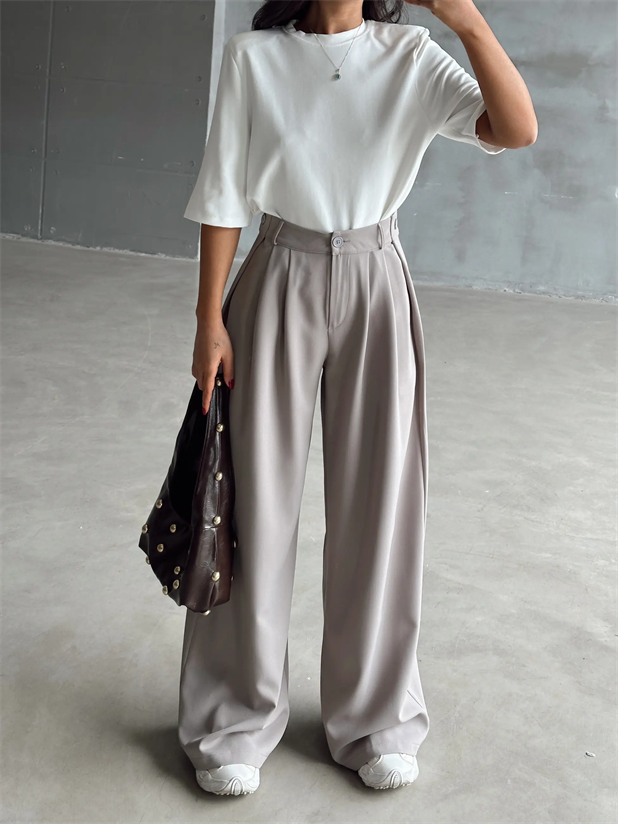 Yandan Katlama Düğme Detay Palazzo - Gri